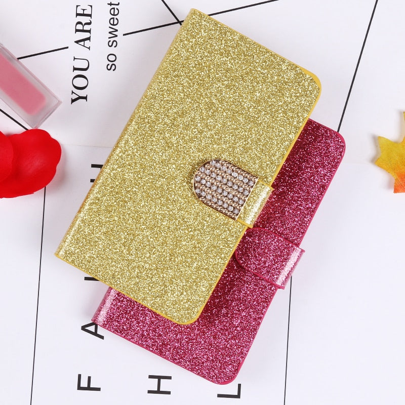 QIJUN Glitter Bling Flip Stand Case For Samsung Galaxy S6 S7 Edge S8 S9 S10 Plus A10 A30 A40 A50 M10 M20 M30 Wallet Phone Cover