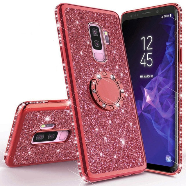 Shining Glitter Magnetic Finger Case For Samsung Galaxy S10 S10e S8 S9 Plus A5 A7 2018 A6 A8 Note 8 9 Bling 360 Ring Back Cover