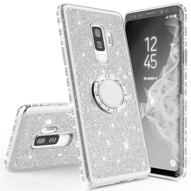 Shining Glitter Magnetic Finger Case For Samsung Galaxy S10 S10e S8 S9 Plus A5 A7 2018 A6 A8 Note 8 9 Bling 360 Ring Back Cover