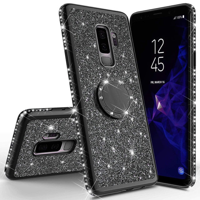 Shining Glitter Magnetic Finger Case For Samsung Galaxy S10 S10e S8 S9 Plus A5 A7 2018 A6 A8 Note 8 9 Bling 360 Ring Back Cover