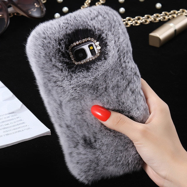 Cute Fur Fluffy Phone Case For Samsung Galaxy S7 edge S10e S9 Plus Luxury Diamond Back Shell For Samsung S10 S8 Protective Cover