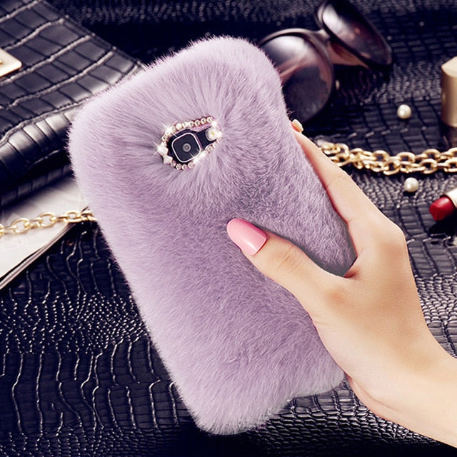 Cute Fur Fluffy Phone Case For Samsung Galaxy S7 edge S10e S9 Plus Luxury Diamond Back Shell For Samsung S10 S8 Protective Cover