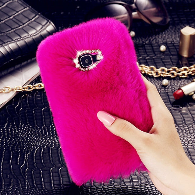Cute Fur Fluffy Phone Case For Samsung Galaxy S7 edge S10e S9 Plus Luxury Diamond Back Shell For Samsung S10 S8 Protective Cover