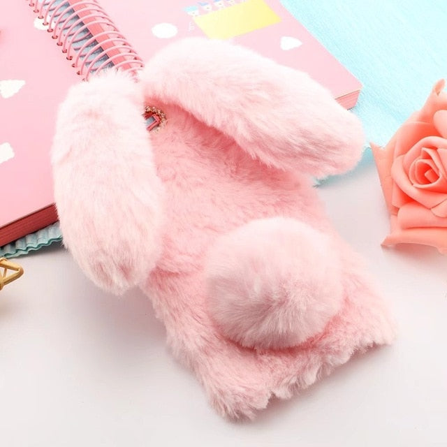 Cute 3D Rabbit Ears Fur Plush diamond Phone Case For Samsung Galaxy J3 J5 J7 A3 A5 A7 2017 J8 J4 J6 A6 A8 Plus 2018 Case Cover