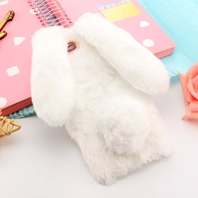Cute 3D Rabbit Ears Fur Plush diamond Phone Case For Samsung Galaxy J3 J5 J7 A3 A5 A7 2017 J8 J4 J6 A6 A8 Plus 2018 Case Cover
