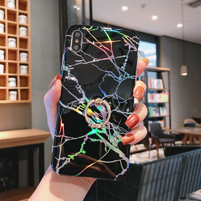 LACK Phone Case For iPhone 11 11Pro Max XR X XS Max 6 6S 7 8Plus Luxury Plating Line Geometric Marble Diamond Ring Stand Cover