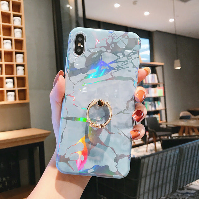 LACK Phone Case For iPhone 11 11Pro Max XR X XS Max 6 6S 7 8Plus Luxury Plating Line Geometric Marble Diamond Ring Stand Cover