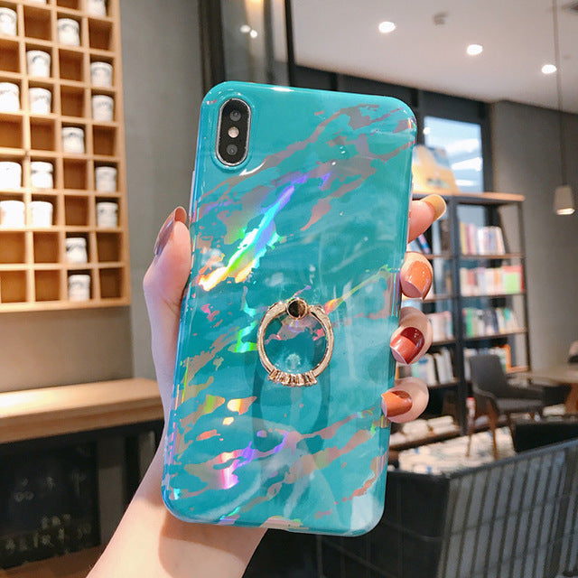 LACK Phone Case For iPhone 11 11Pro Max XR X XS Max 6 6S 7 8Plus Luxury Plating Line Geometric Marble Diamond Ring Stand Cover