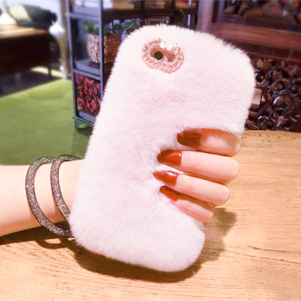 L-FADNUT Cute Fur Fluffy Phone Case For iPhone X Xr Xs 11 Pro Max 5 5S SE Luxury Diamond Back Shell For 6S 6 7 8 Plus Girl Cover