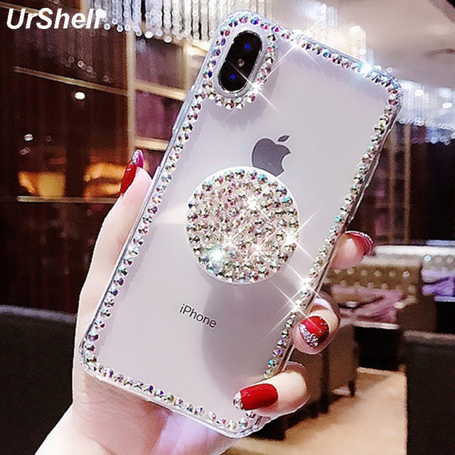 Bling Clear Phone Case For iphone 11 Pro Max X 8 7 6 6S Plus XR XS MAX Thin Slim Transparent Diamond Stand Holder Cases