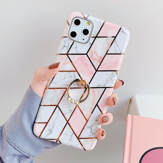 LACK Phone Case For iPhone 11 11Pro Max XR X XS Max 6 6S 7 8Plus Luxury Plating Line Geometric Marble Diamond Ring Stand Cover