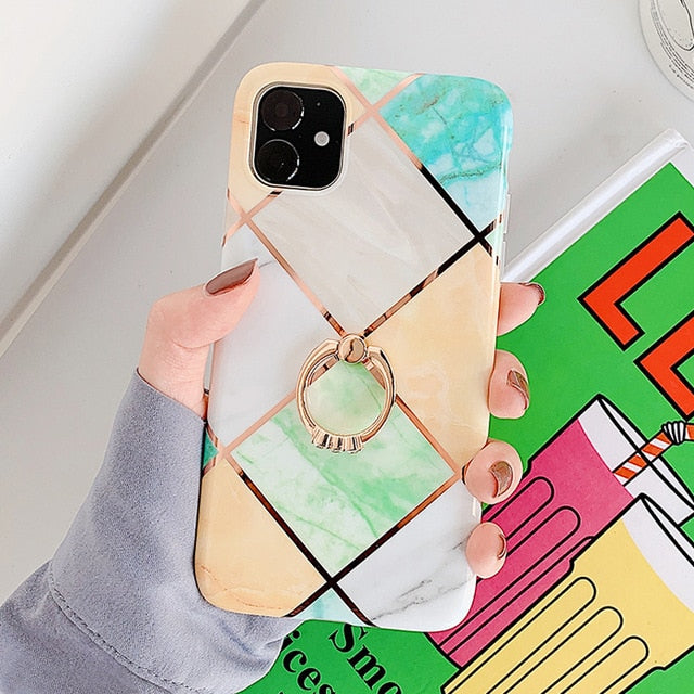 LACK Phone Case For iPhone 11 11Pro Max XR X XS Max 6 6S 7 8Plus Luxury Plating Line Geometric Marble Diamond Ring Stand Cover