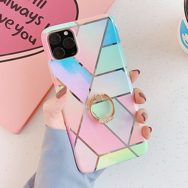 LACK Phone Case For iPhone 11 11Pro Max XR X XS Max 6 6S 7 8Plus Luxury Plating Line Geometric Marble Diamond Ring Stand Cover