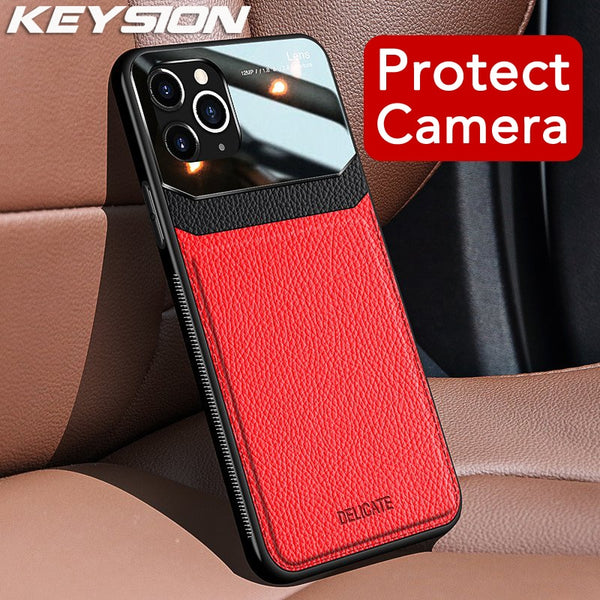 KEYSION Shockproof Case for iPhone 11 Pro Max PU Leather Mirror Tempered Glass Phone Back Cover For iPhone 7 8 Plus 6S XR XS Max