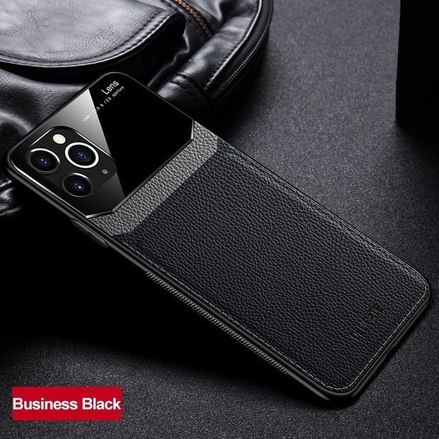 KEYSION Shockproof Case for iPhone 11 Pro Max PU Leather Mirror Tempered Glass Phone Back Cover For iPhone 7 8 Plus 6S XR XS Max
