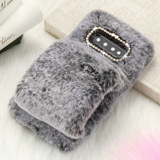 L-FADNUT Plush Fur Bracelet Fluffy Phone Case For Samsung Galaxy Note8 Note9 S10e S7 edge S9 Plus S9 S8 Bumper Diamond Cover