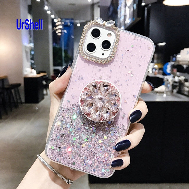 Bling Clear Phone Case For iphone 11 Pro Max X 8 7 6 6S Plus XR XS MAX Thin Slim Transparent Diamond Stand Holder Cases