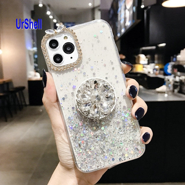 Bling Clear Phone Case For iphone 11 Pro Max X 8 7 6 6S Plus XR XS MAX Thin Slim Transparent Diamond Stand Holder Cases