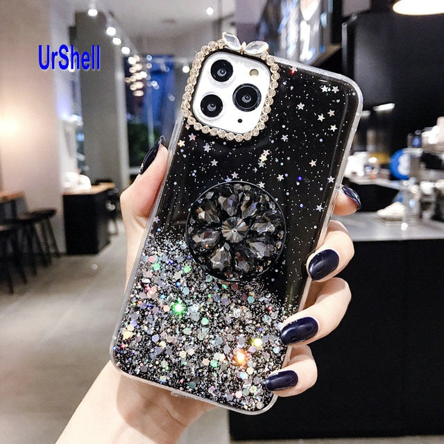 Bling Clear Phone Case For iphone 11 Pro Max X 8 7 6 6S Plus XR XS MAX Thin Slim Transparent Diamond Stand Holder Cases