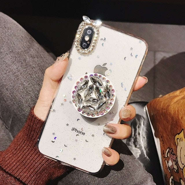 Bling Clear Phone Case For iphone 11 Pro Max X 8 7 6 6S Plus XR XS MAX Thin Slim Transparent Diamond Stand Holder Cases