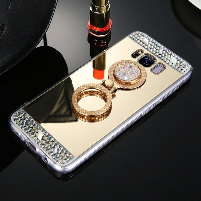 Diamond Phone Case For Samsung A50 J3 J5 J7 A10 A20 A30 A70 M10 M20 Mirror Plated cover For Samsung S10 S8 S7 S6Edge Ring Holder