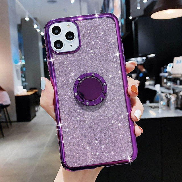 Lovebay Diamond Jewelled Holder Phone Case For iPhone 11 Pro 7 8 6 6s Plus X XR XS Max 11 Glitter Paper Ring Soft TPU Back Cover