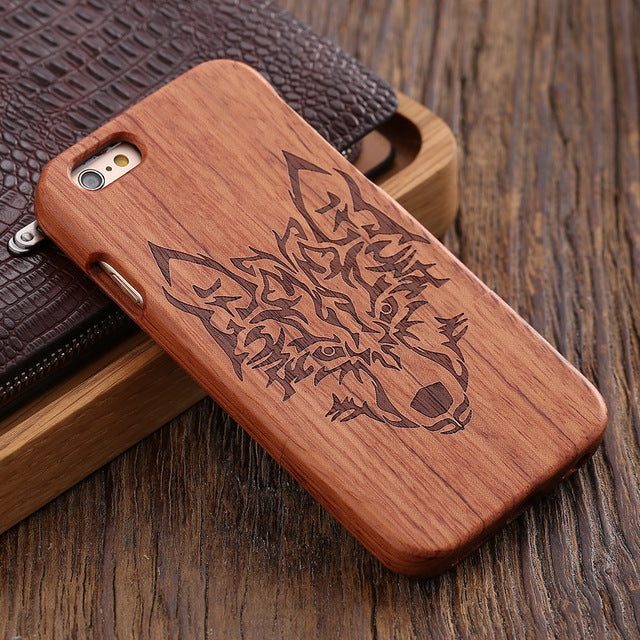 KISSCASE Retro Natural Wood Compact Case For iPhone 6 6s Plus 100% Bamboo Engraved Wolf Cross Capa For Samsung S6 S7 Edge Shells