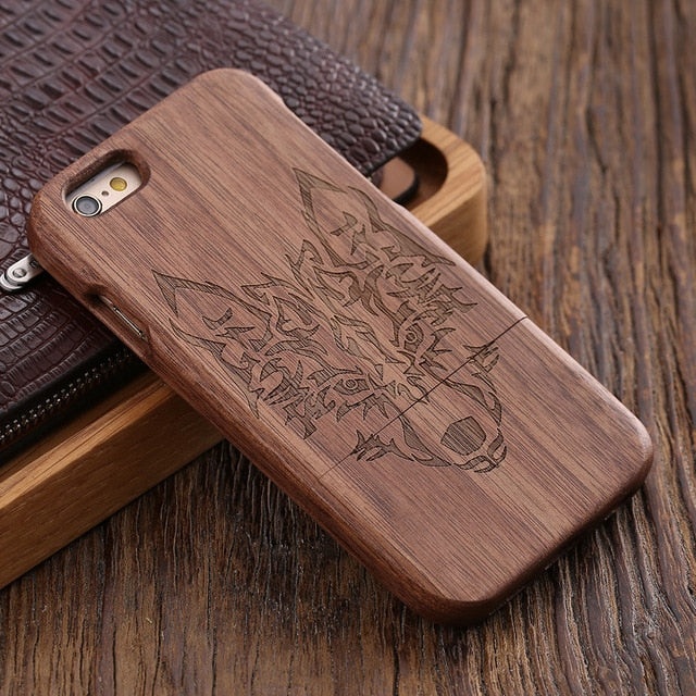 KISSCASE Retro Natural Wood Compact Case For iPhone 6 6s Plus 100% Bamboo Engraved Wolf Cross Capa For Samsung S6 S7 Edge Shells