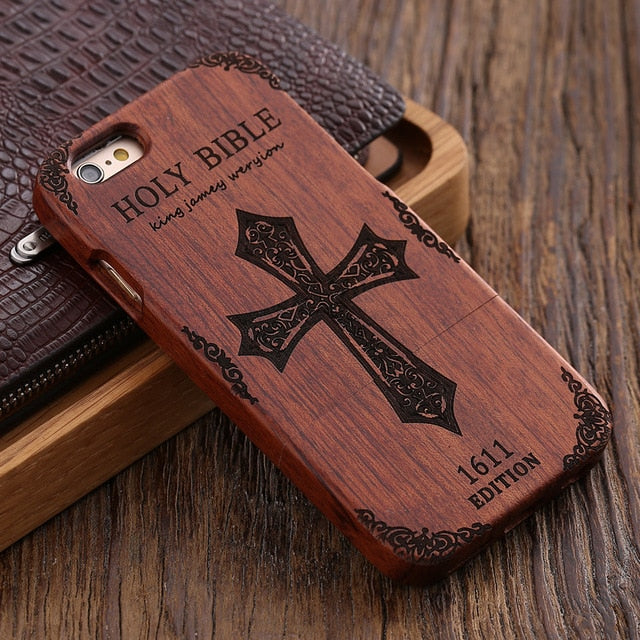 KISSCASE Retro Natural Wood Compact Case For iPhone 6 6s Plus 100% Bamboo Engraved Wolf Cross Capa For Samsung S6 S7 Edge Shells