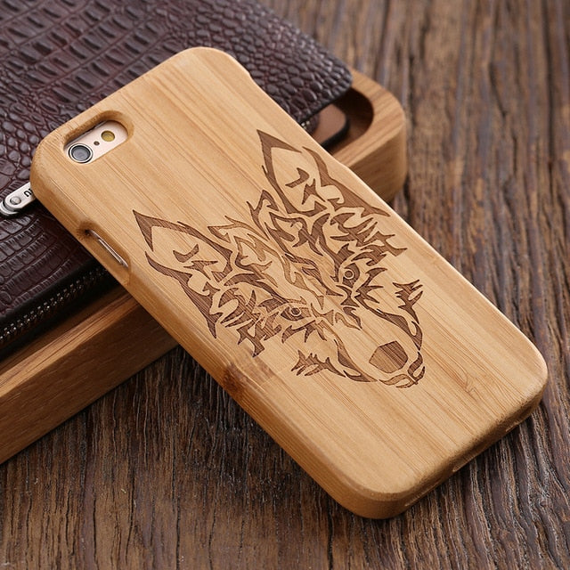 KISSCASE Retro Natural Wood Compact Case For iPhone 6 6s Plus 100% Bamboo Engraved Wolf Cross Capa For Samsung S6 S7 Edge Shells