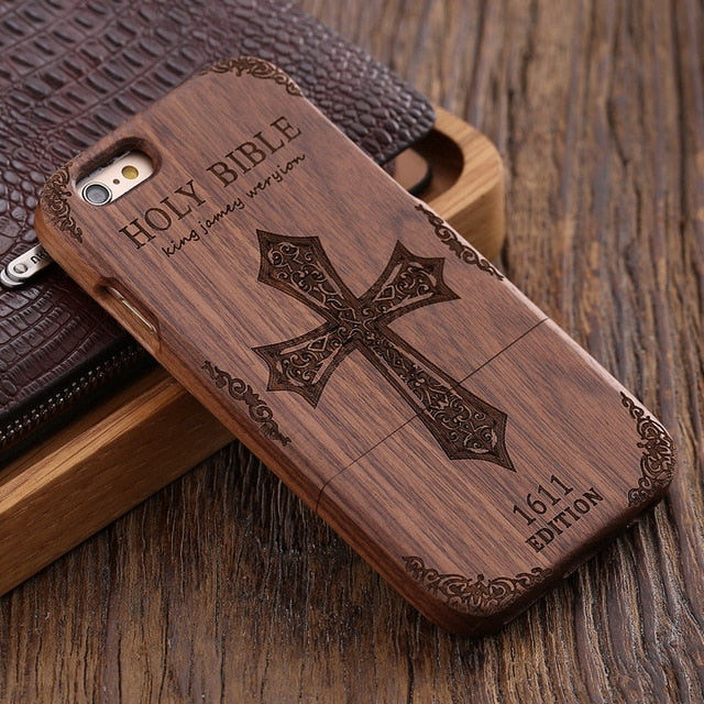 KISSCASE Retro Natural Wood Compact Case For iPhone 6 6s Plus 100% Bamboo Engraved Wolf Cross Capa For Samsung S6 S7 Edge Shells