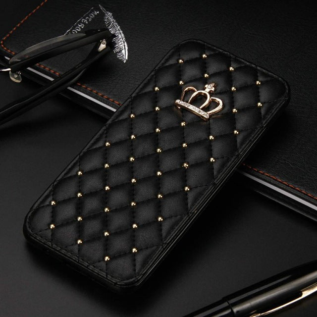 For iPhone X XR XS Max 6 6S 7 8 Plus Glitter Crown Case Diamond Wallet Leather Case Flip Stand Cover Mobile Phone Bag